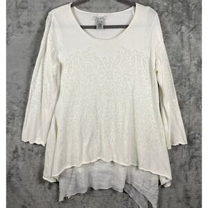 John Mark Top Women's Large Ivory Scroll Gauzy Layered Hem Bohemian Asymmetrical